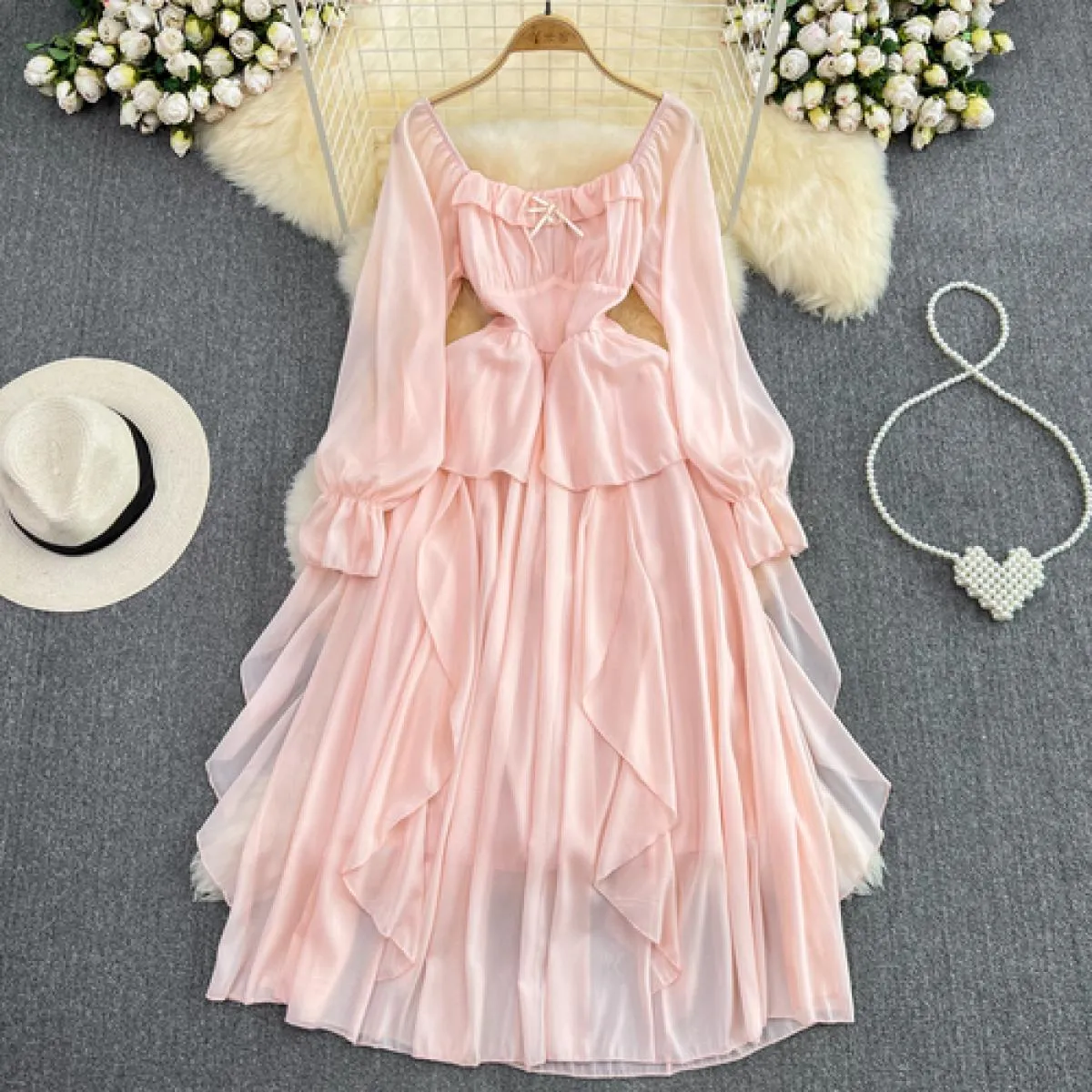 Abito estivo elegante rosa Abito da donna a maniche lunghe con volant Abiti da spiaggia in chiffon a strati con spalline Abito d