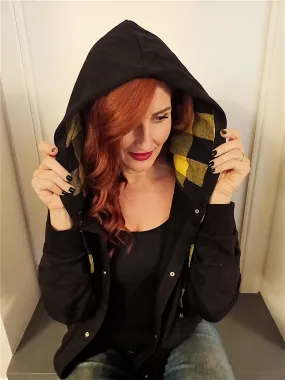 Felpa cardigan DONNA unisex -nera con Cappuccio check a quadri giallo nero puro cotone made in Italy Fantasia 100% cotone Unisex