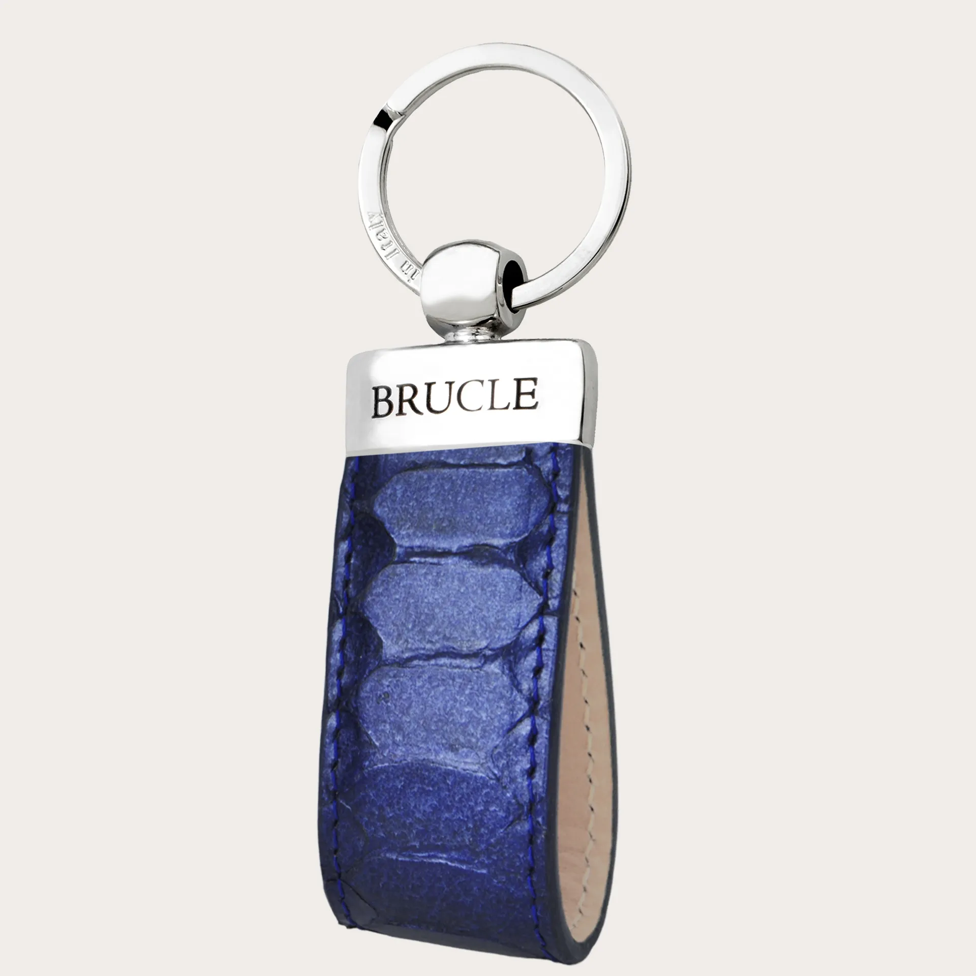 Raffinato portachiavi in pelle di pitone, blu metallizzato