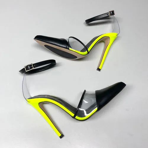 SANDALO VERNICE NERA GIALLO FLUO/ VINILE TRASPARENTE – COD. 23348 