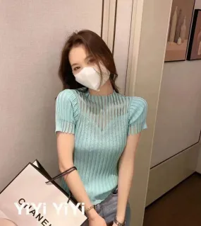 T-shirt lavorata a maglia in seta di ghiaccio T-shirt da donna a maniche corte moda estiva da donna T-shirt da donna casual con